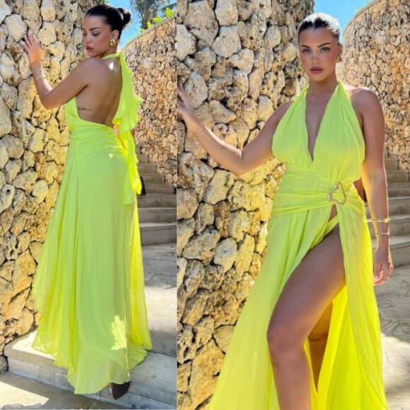 House of CB Olessia Acid Lime Backless Halter Maxi Dress Size L+ XL - Picture 1 of 13